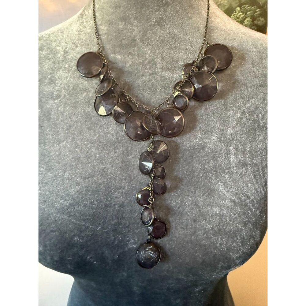 Smokey Cracked Glass Effect Statement Black Chain Y Drop Necklace 23"